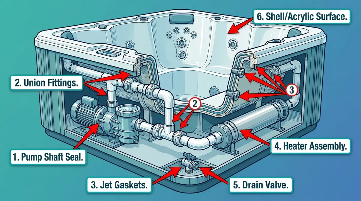 Why Is My Hot Tub Losing Water? Causes & Fixes 4 Diagram showing the top 6 hot tub leak points including pump seal, union fittings, and jet gaskets