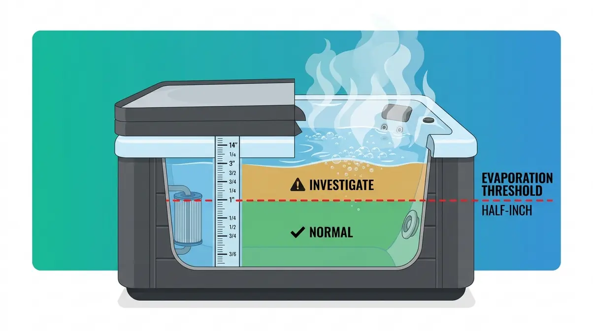 Why Is My Hot Tub Losing Water? Causes & Fixes 1 Hot tub water level measurement showing normal half-inch weekly evaporation threshold with cover open