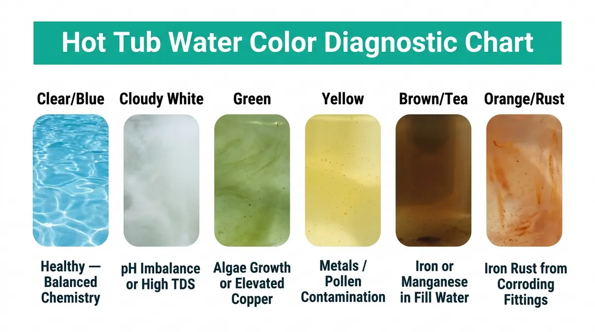 Why Is My Hot Tub Losing Water? Causes & Fixes 8 Hot tub water color chart showing causes of green, yellow, brown, cloudy, and orange water conditions