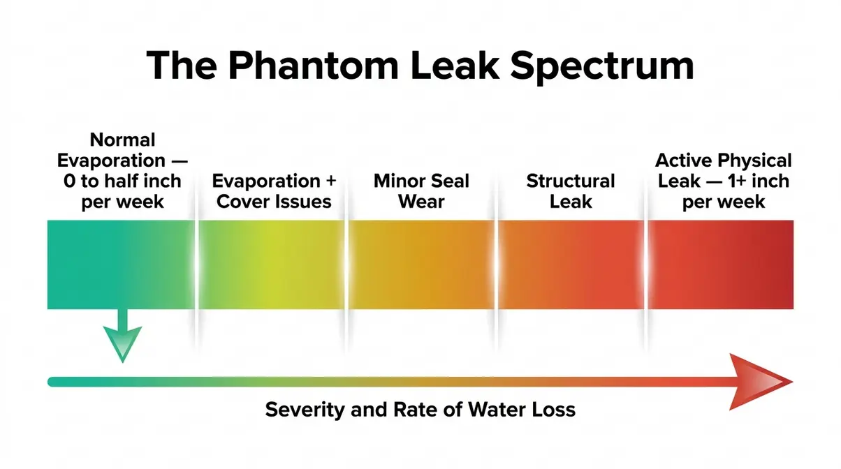 Why Is My Hot Tub Losing Water? Causes & Fixes 3 Hot tub losing water spectrum diagram showing evaporation versus leak zones from normal to structural