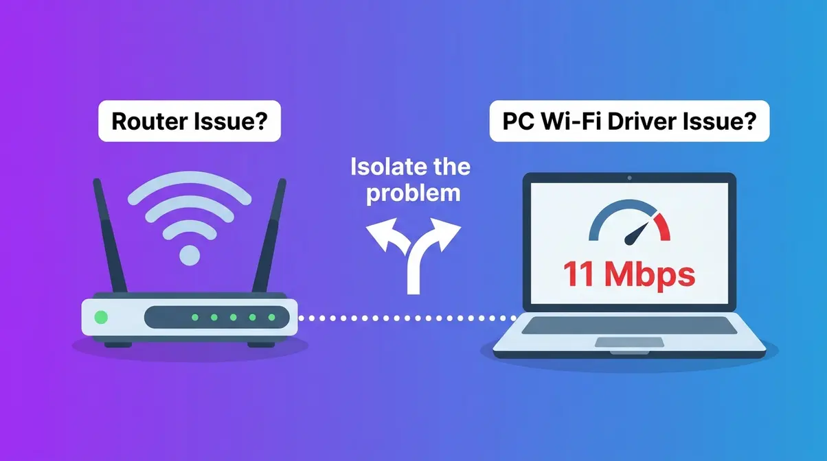 Diagram showing router and laptop connected with slow speed test result to diagnose whether PC or network is causing slowness
