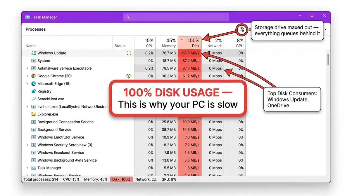Windows Task Manager showing disk usage at 100 percent with annotation identifying it as cause of slow PC