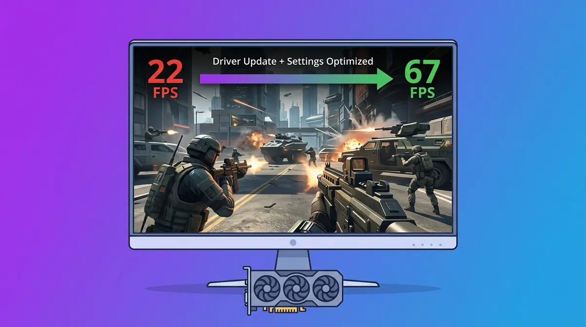 Gaming monitor showing FPS counter improving from 22 to 67 after GPU driver update and graphics settings optimization