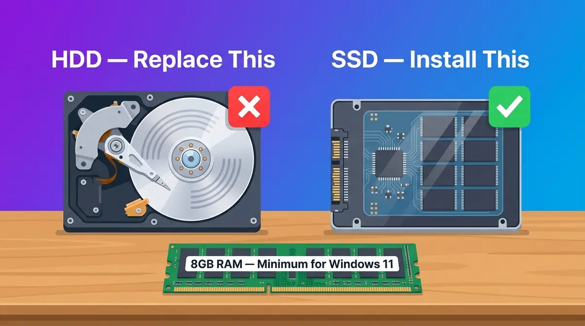 HDD hard drive and SSD solid-state drive side by side showing recommended hardware upgrade to fix slow PC