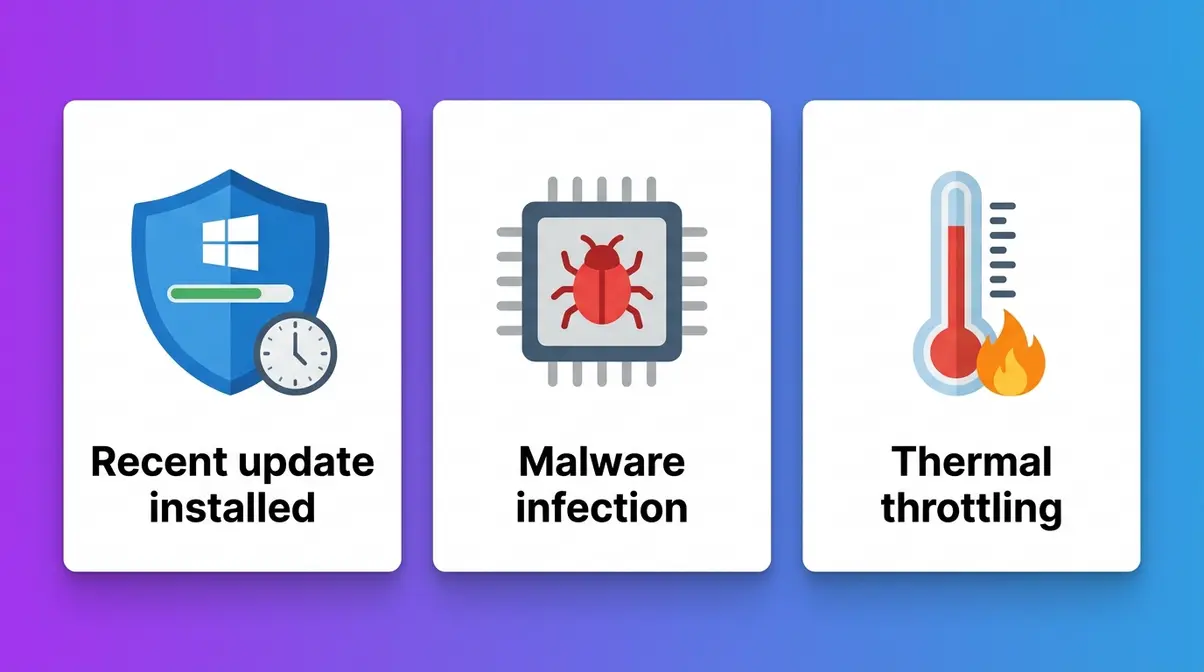Three causes of sudden PC slowdown illustrated — Windows update, malware, and thermal throttling overheating