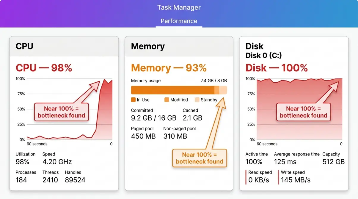Windows Task Manager Performance tab showing CPU, memory, and disk usage graphs near 100 percent on a slow PC