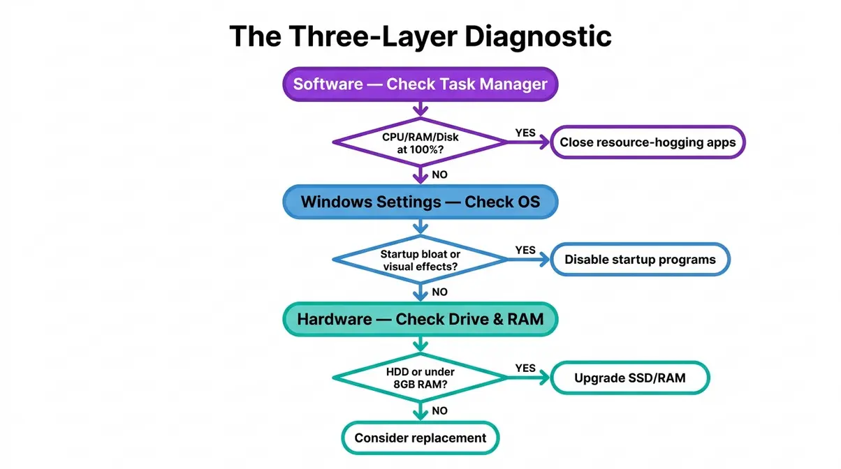 Flowchart showing three-layer PC slowness diagnostic process with yes/no decision paths for software, Windows settings, and hardware