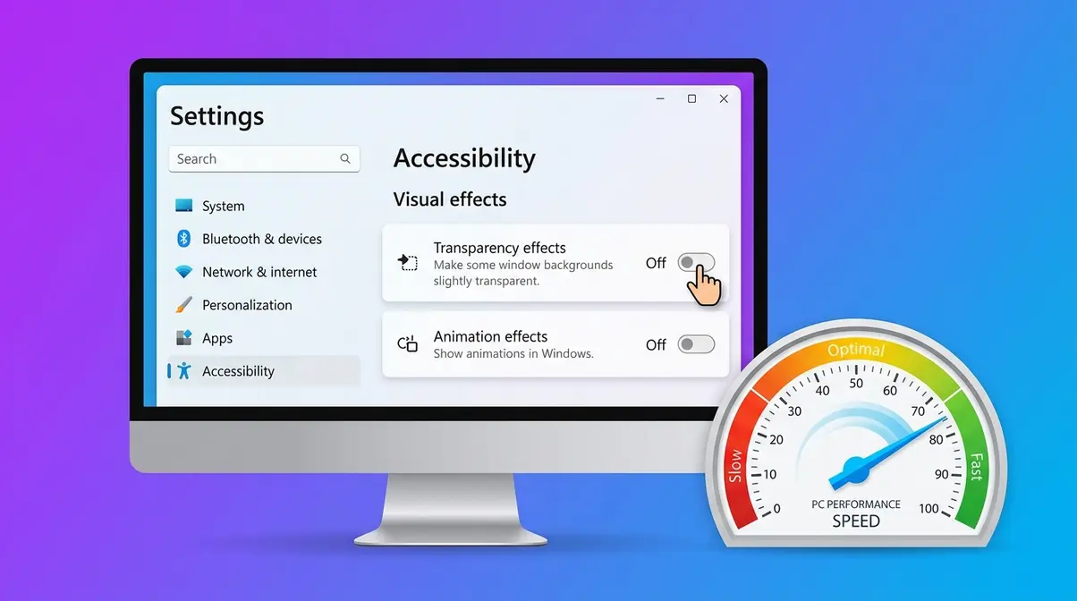 Windows 11 settings panel with visual effects disabled showing PC performance improvement speedometer