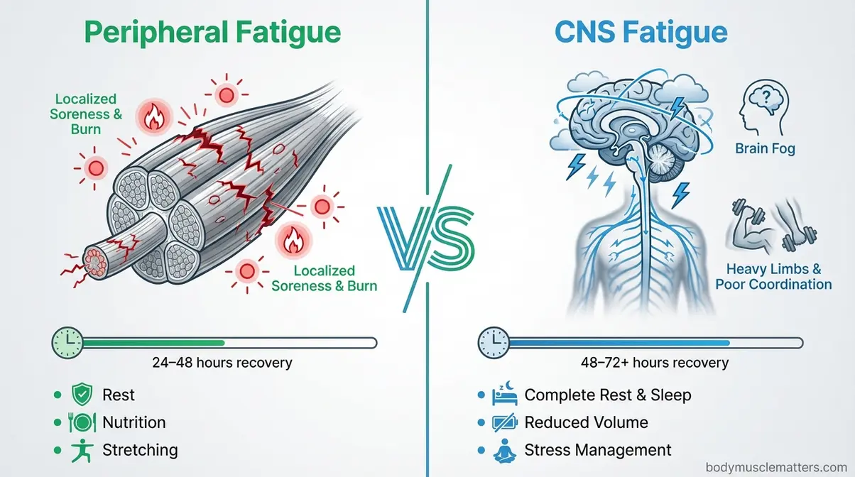 Diagram comparing central nervous system fatigue versus peripheral muscle fatigue after post-workout recovery