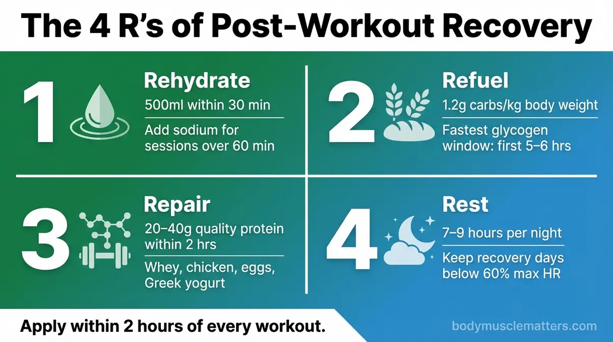 Infographic showing the 4 R's of post-workout recovery: Rehydrate, Refuel, Repair, and Rest with action steps