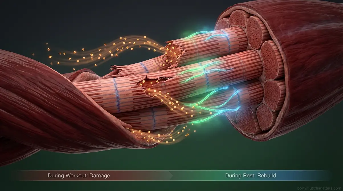 Cross-section of muscle fiber repair during post-workout recovery showing Muscle Protein Synthesis rebuilding damaged tissue