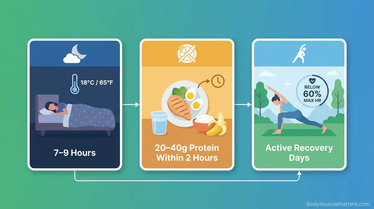 Three post-workout recovery protocols: sleep optimization, protein nutrition timing, and active recovery movement