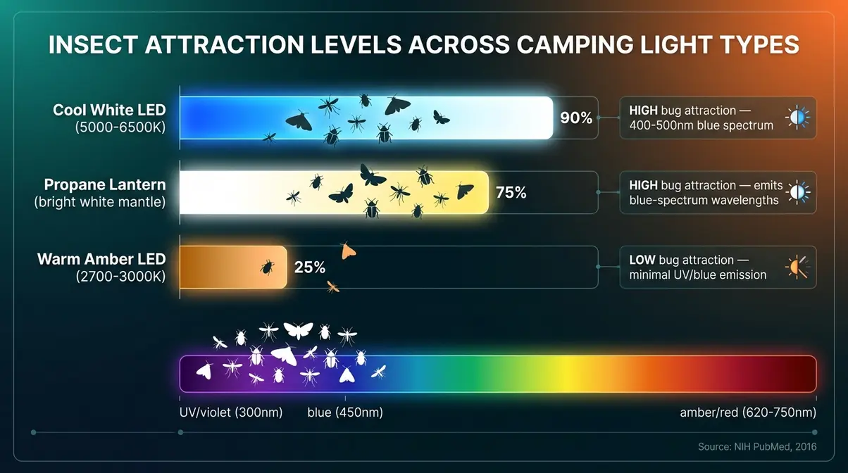 Bar chart comparing bug attraction levels for cool white LED, propane lantern, and warm amber LED camping lanterns by light spectrum