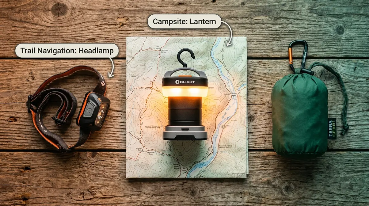 Camping lantern and headlamp laid out together showing the recommended dual lighting kit for campers