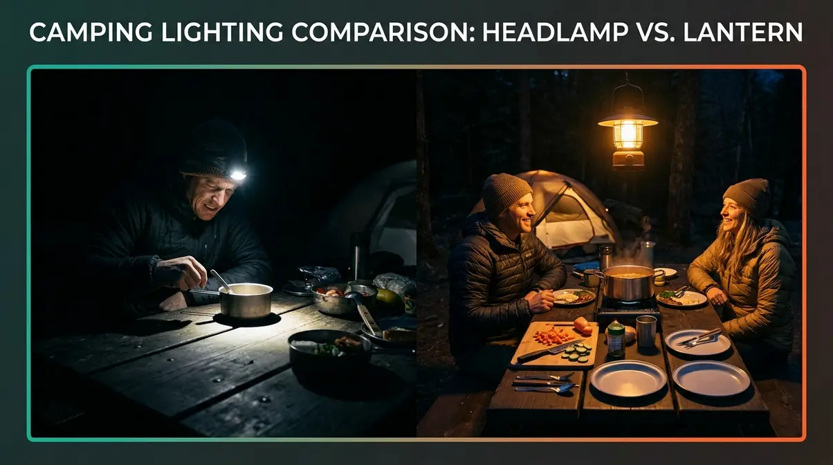 Side-by-side comparison of a headlamp versus a camping lantern lighting a camp kitchen at night