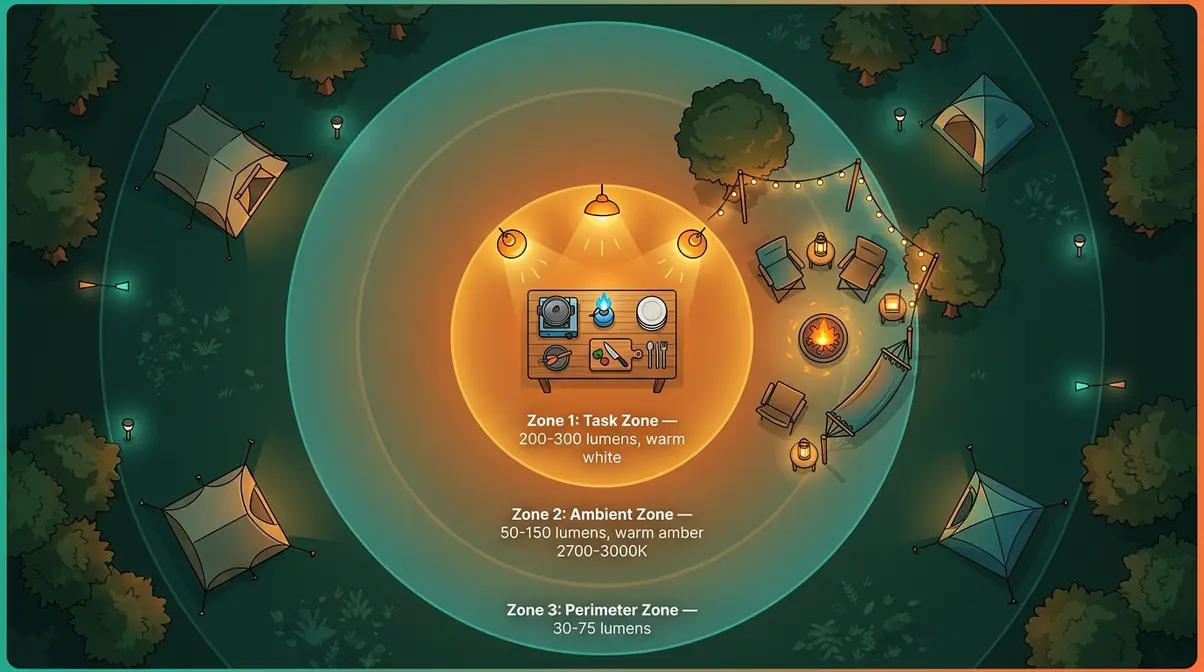 Campsite blueprint diagram showing three camping lantern lighting zones with lumen targets for task, ambient, and perimeter areas