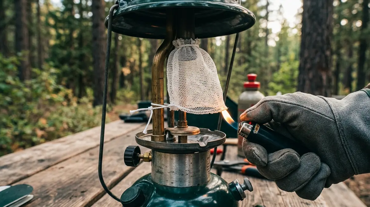 Close-up of a gas camping lantern mantle being prepared for pre-burn with a lighter on a camp table