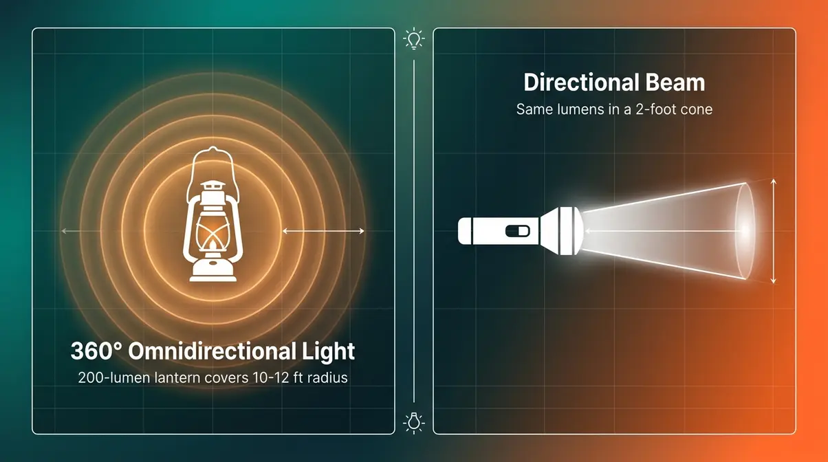 Infographic comparing 360-degree camping lantern light spread versus narrow directional flashlight beam coverage