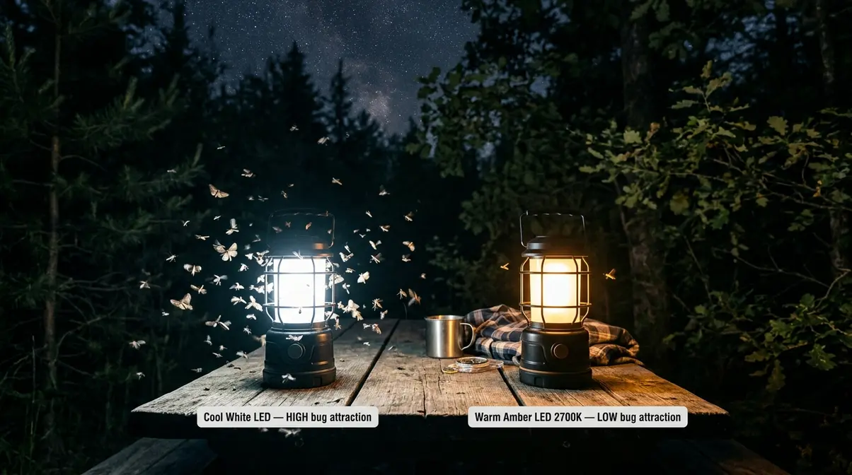 Two camping lanterns showing high bug attraction around cool white LED versus low attraction around warm amber LED