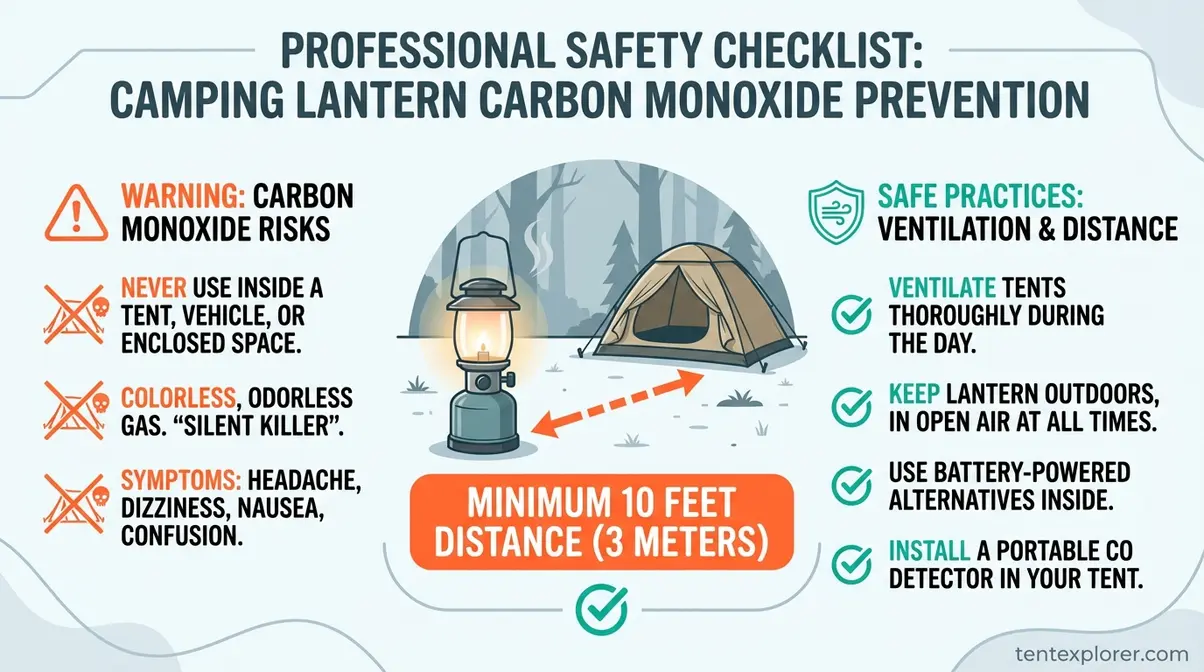 Safety checklist graphic showing rules for safe camping lantern use and carbon monoxide prevention at campsites