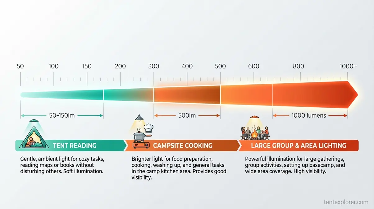 Chart showing recommended camping lantern lumen levels for tent reading, campsite cooking, and large group camping activities
