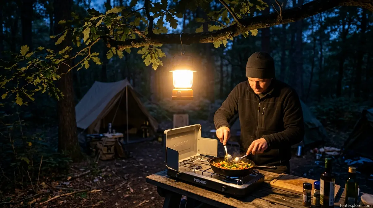 Hanging camping lantern providing hands-free illumination for cooking over a camp stove