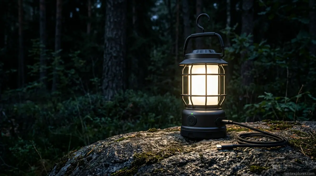 Modern rechargeable LED camping lantern illuminating a dark outdoor setting