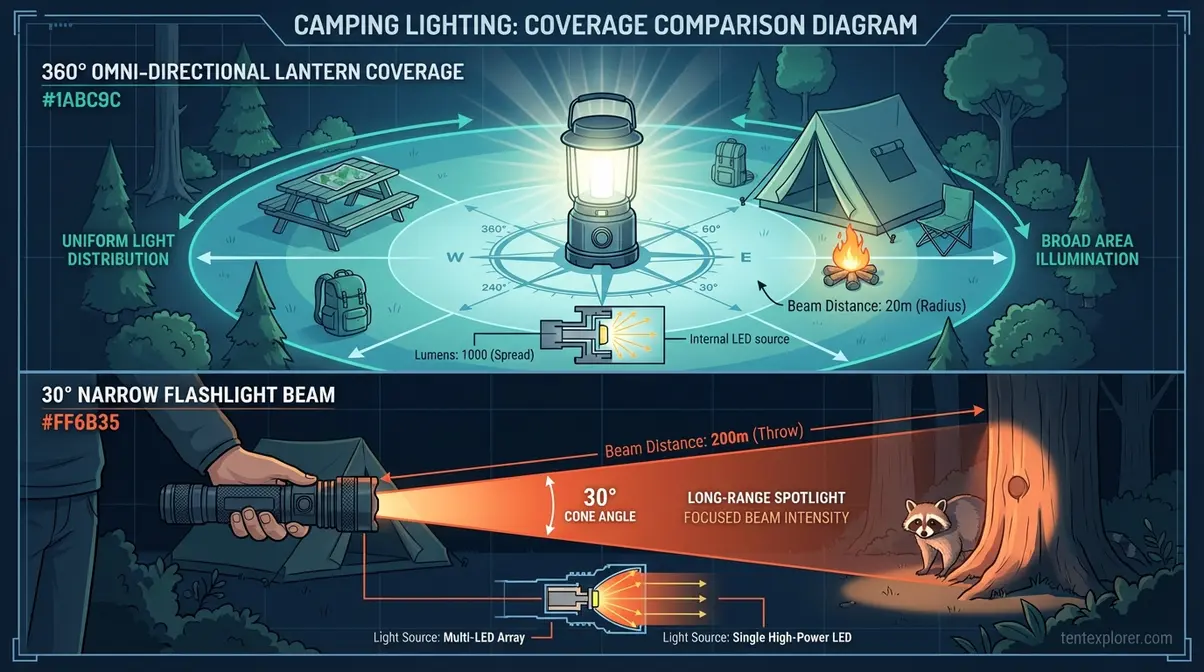 Diagram comparing 360-degree camping lantern light coverage versus narrow flashlight beam for campsite illumination