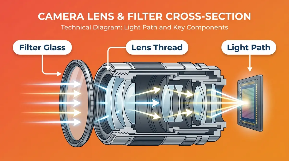 Diagram showing how a photography filter attaches to a camera lens and modifies incoming light