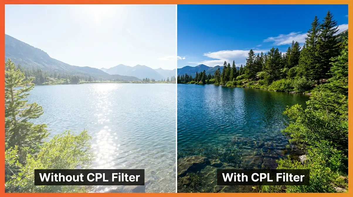 Before and after comparison showing circular polarizing filter effect on water reflections and sky color saturation