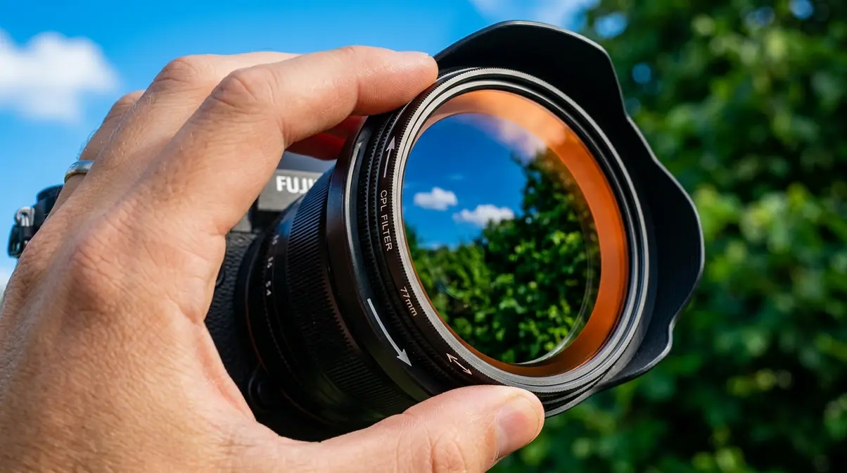 Hand rotating a circular polarizing filter ring on a camera lens to adjust polarization angle