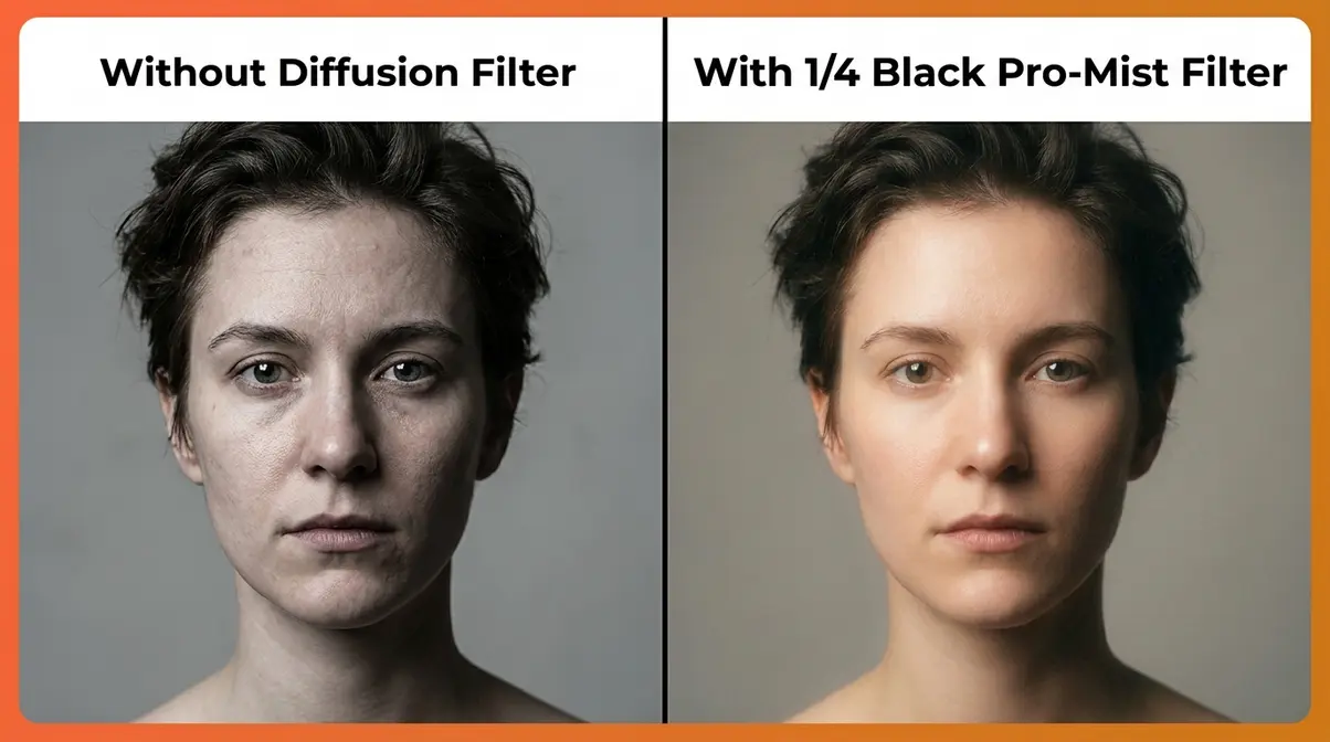 Diffusion filter portrait comparison showing Black Pro-Mist soft focus effect versus sharp digital rendering