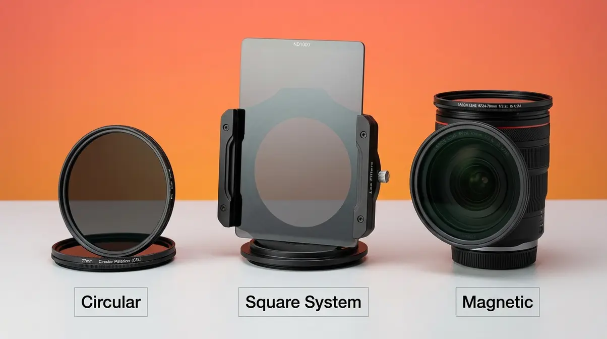 Three photography filter formats compared — circular screw-on, square system, and magnetic mount filters