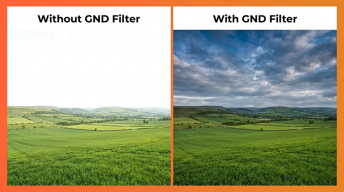 Graduated ND filter before and after comparison showing balanced sky and foreground exposure in landscape photography