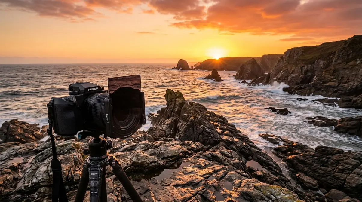 Camera on tripod with graduated ND filter capturing golden hour landscape with diagonal leading lines and dramatic sky
