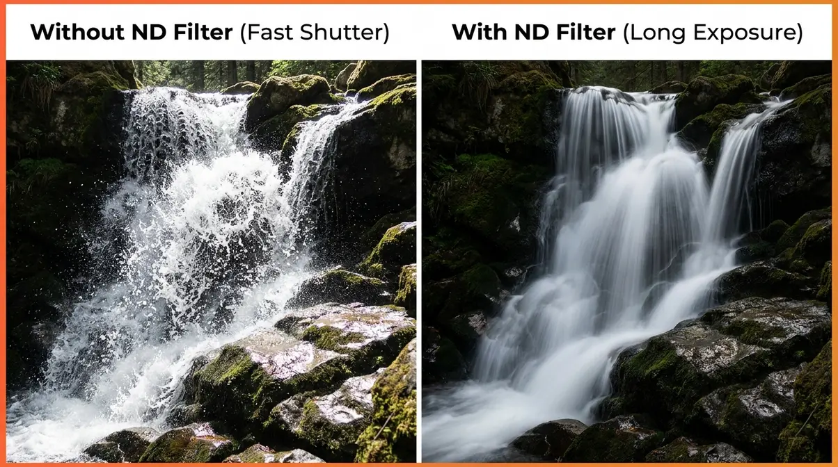 Neutral density filter before and after comparison showing frozen waterfall versus silky long-exposure waterfall effect