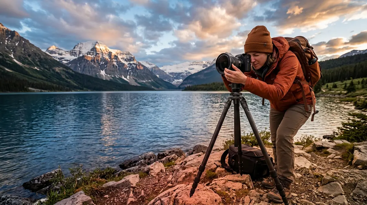 Landscape photographer attaching a circular polarizing filter to a camera on a tripod at golden hour