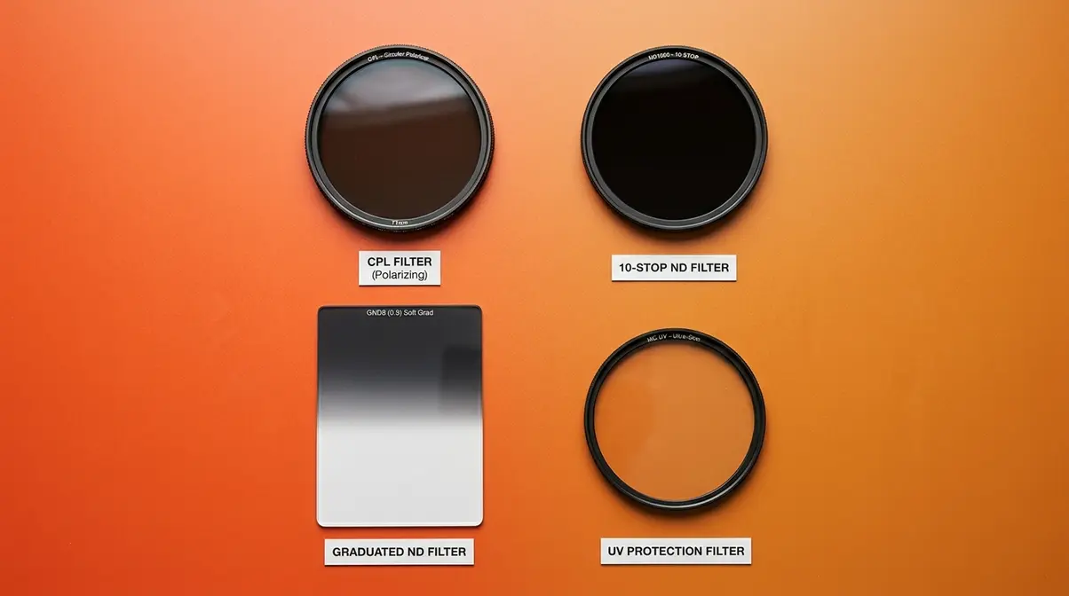 Four essential photography filter types — CPL, ND, graduated ND, and UV protection filter — displayed flat-lay