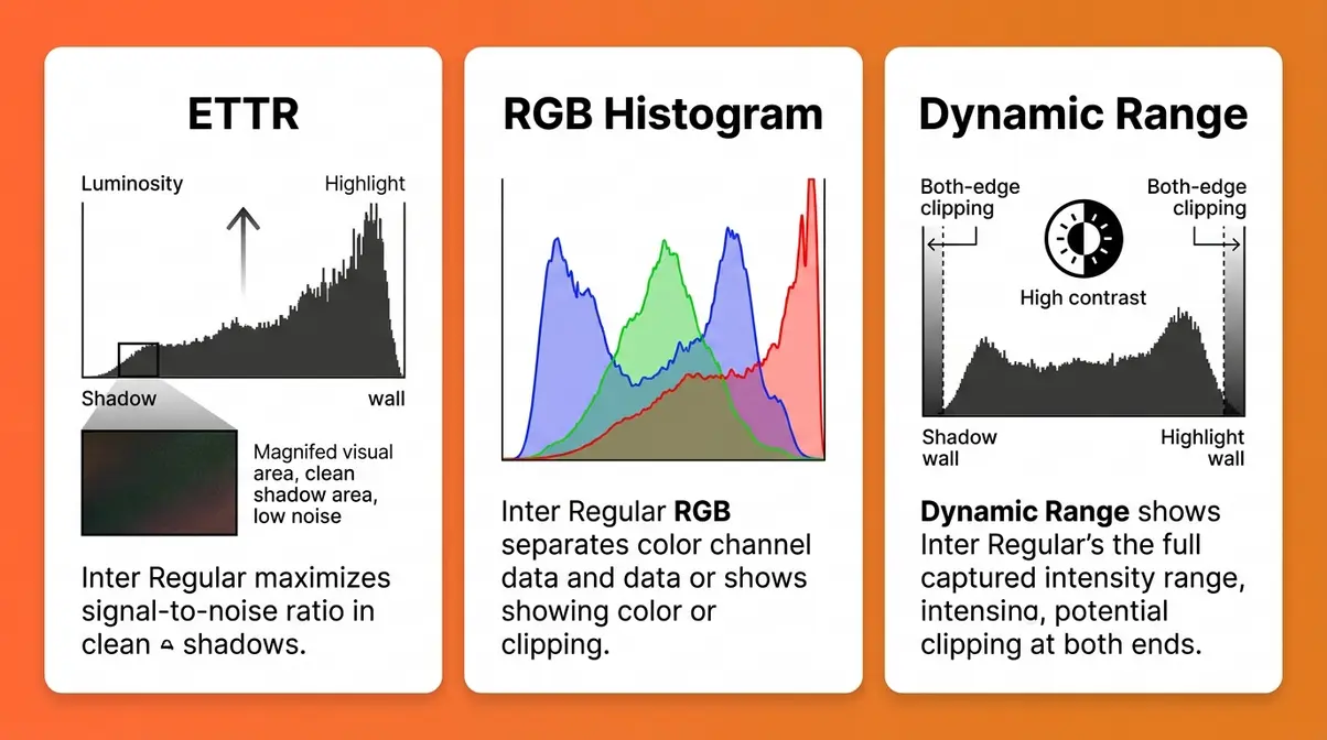 Advanced histogram photography techniques overview showing ETTR RGB histogram and dynamic range management