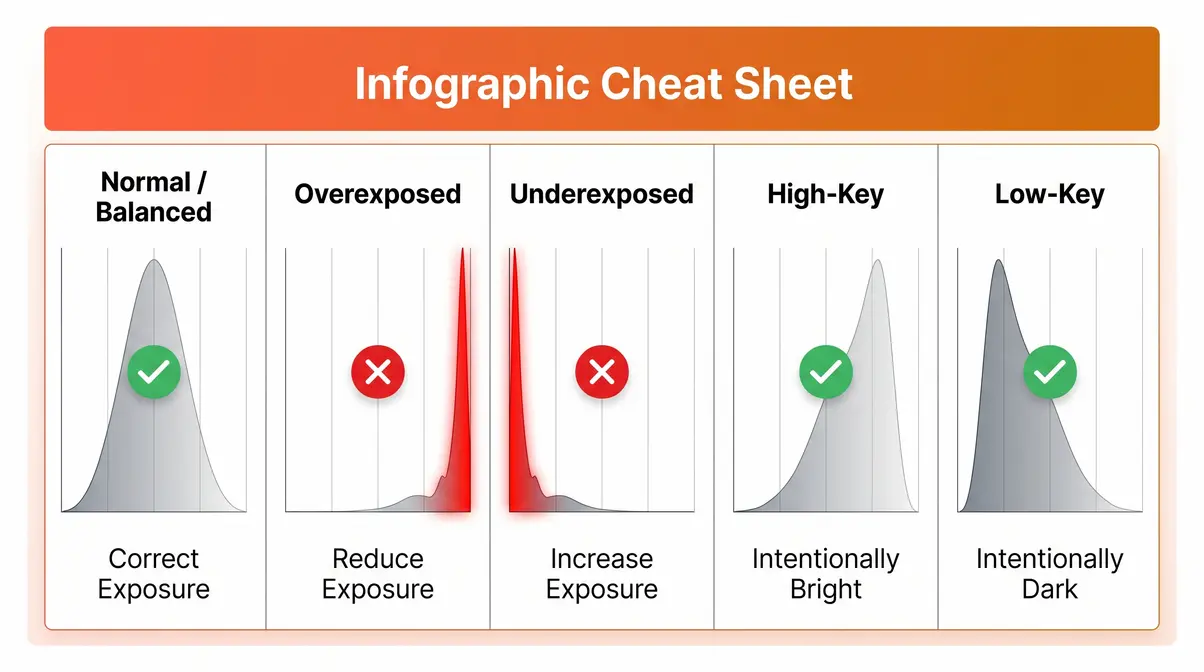 Five histogram shapes photography cheat sheet showing normal overexposed underexposed high-key and low-key patterns