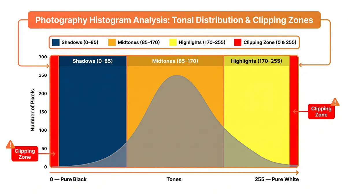 Histogram photography anatomy diagram showing shadows midtones and highlights zones with clipping areas