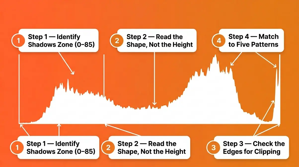 How to read a histogram photography step by step guide with annotated zones and clipping edge checks
