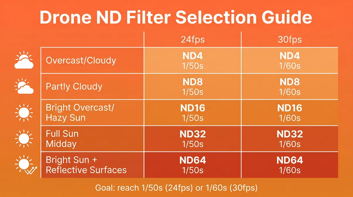 Drone ND filter selection chart showing recommended filter strength by lighting condition and frame rate
