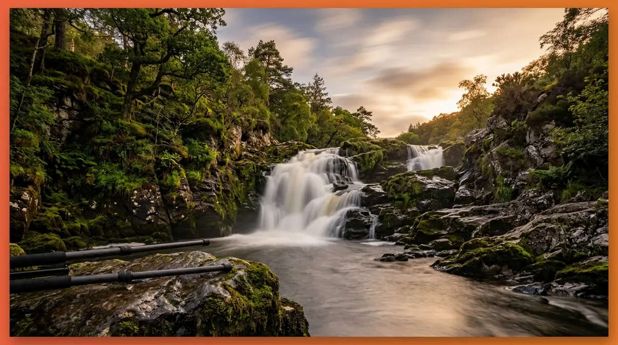 Long exposure waterfall with silky smooth water created using ND filter on tripod