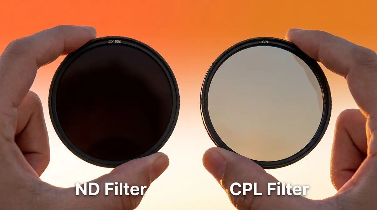 ND filter versus CPL filter held side by side showing visual differences between the two filter types