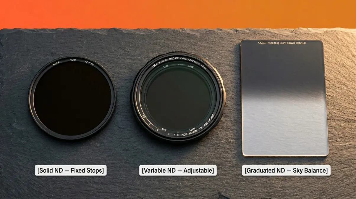 Three types of ND filters — solid, variable, and graduated — arranged for comparison on dark surface