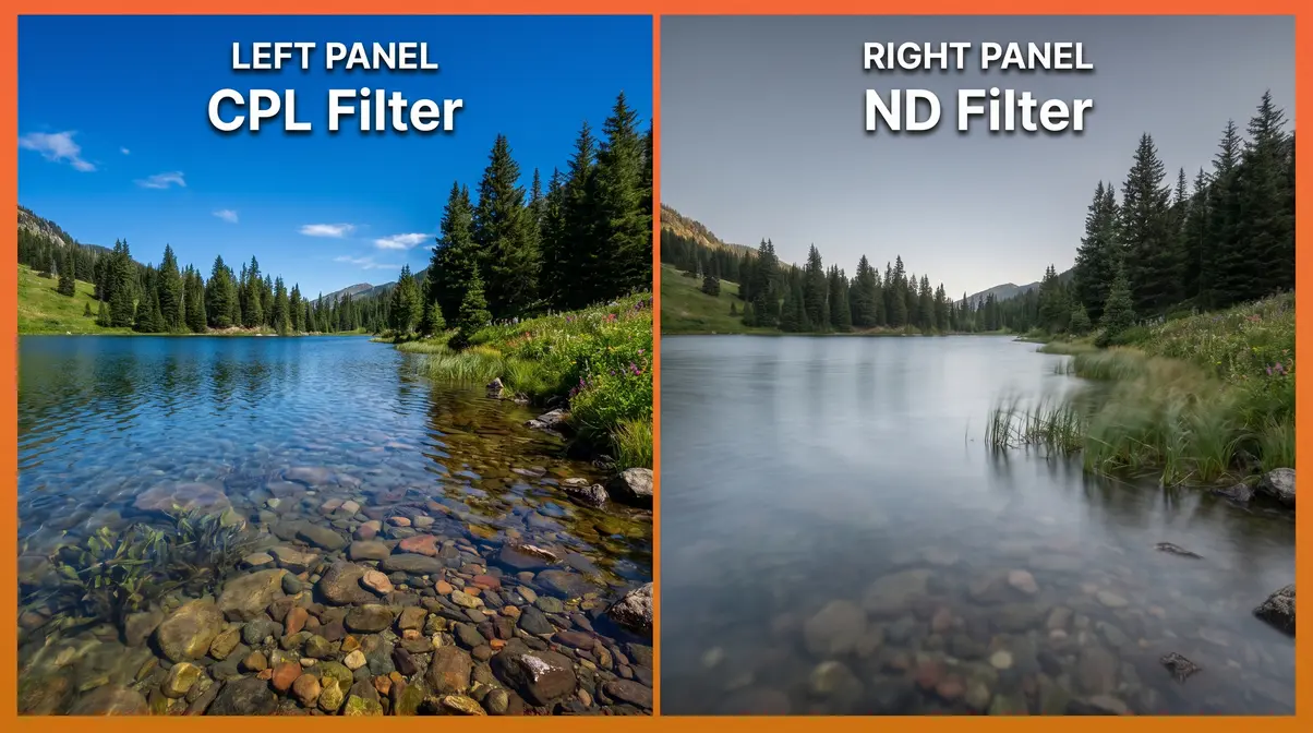 ND filter vs CPL filter side-by-side lake scene comparison showing different creative effects