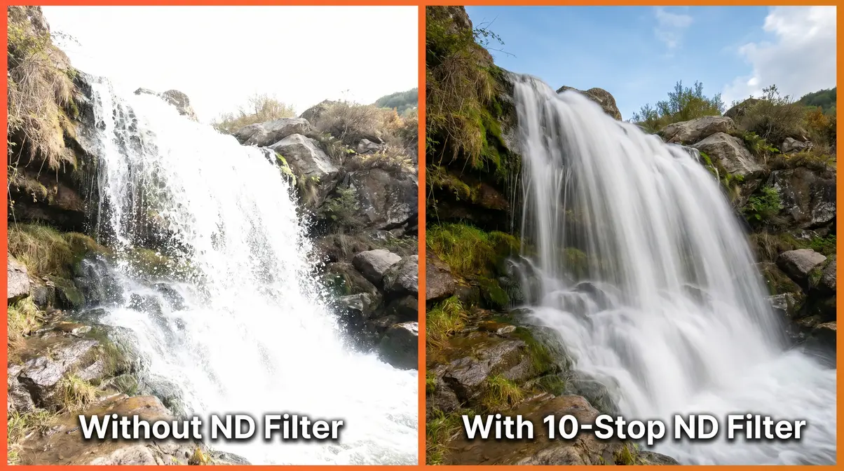 Why use ND filters — before and after waterfall comparison showing frozen vs silky water effect