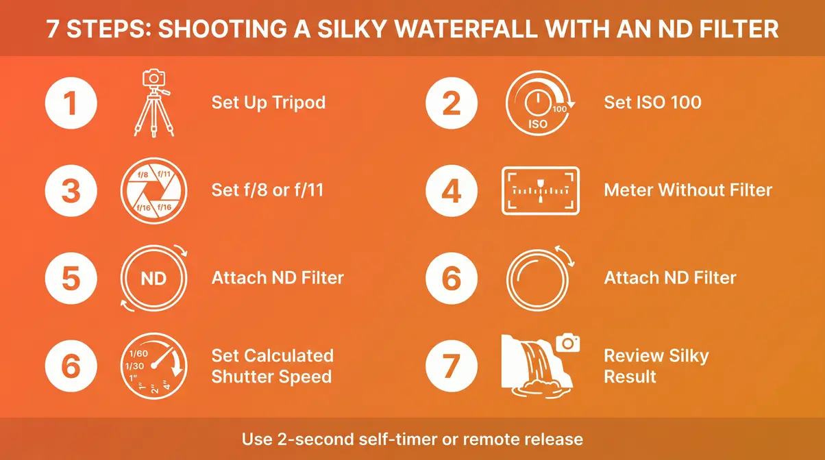 Step-by-step infographic showing how to shoot silky waterfalls using an ND filter in 7 steps