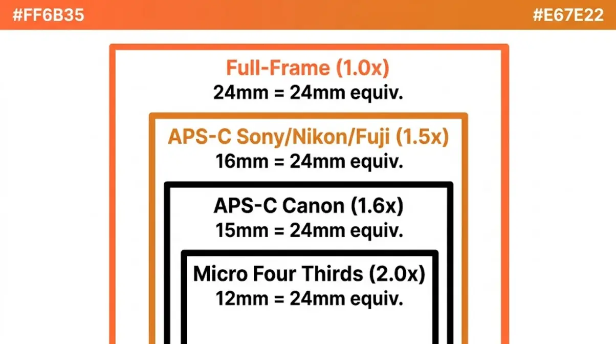 Crop factor diagram comparing full-frame APS-C and Micro Four Thirds sensor sizes for wide-angle lens selection